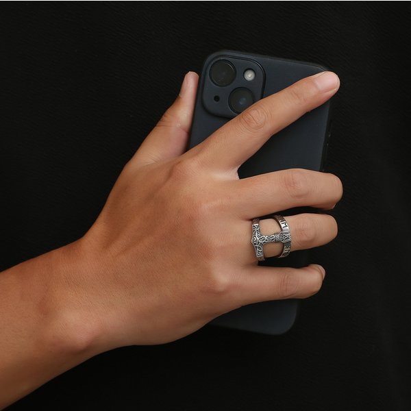 Retro Nordic Viking Text Thor's Hammer Titanium Steel Ring Men's Triangle Knot Large Ring