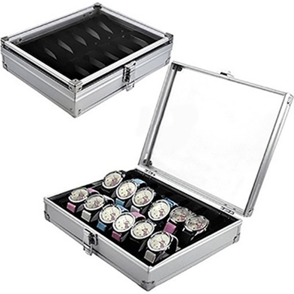 Qianbihe 6/12 Grid Slots Jewelry Watches Display Storage Box Aluminium Case Holder-Silver 6-image