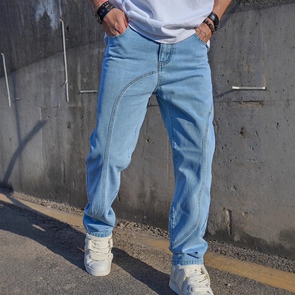 Trendy Washed Straight-Leg Jeans For Men - Loose Fit Denim Pants With Artistic Paint Details & Low-Rise Design