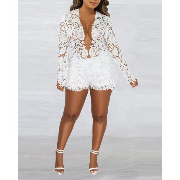 Women's clothing Fashion Women's Hollow Solid Color Shirt Long Sleeve Shorts Two-piece Set