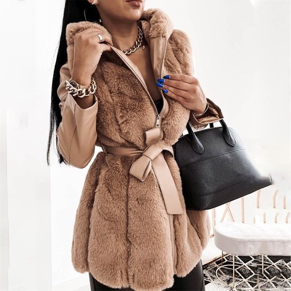 Women's Clothing Fur Jacket For Women With Belt And Hooded Solid Color Zipper Jacket For Women-image