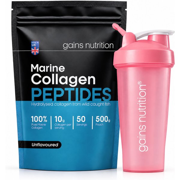 Marine Collagen Peptides Powder | 500g | Unflavoured + 600ml Shaker Pink