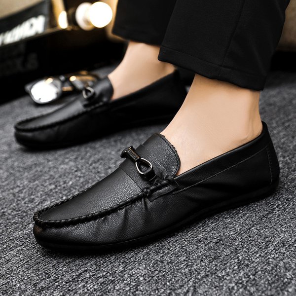 Men's Shoes Low-Top Bean Shoes All-Match Casual Shoes Breathable Leather Shoes Black Work Shoes Slip-On-image