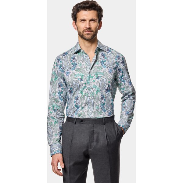 Hawes & Curtis Slim Fit White & Green Paisley Curtis Shirt Size: Large | Long