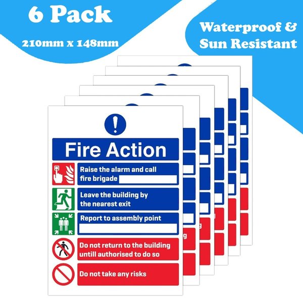 6-Pack - Raise The Alarm Fire Action Notice Sign Vinyl Stickers - 210mm X 148mm