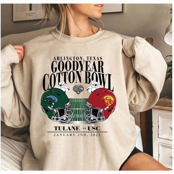 Usc Vs Tulane Cotton Bowl 2023 Sweatshirt, Cotton Bowl Sweatshirt, 2022 Usc Trojans Vs Tulane Green Wave 2023 Cotton Bowl Matchup-image
