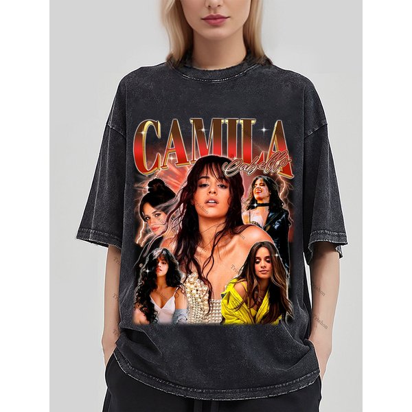 Camila Cabello Vintage Washed T-Shirt, Pop Singer Homage Graphic Mineral Wash T-Shirt-image