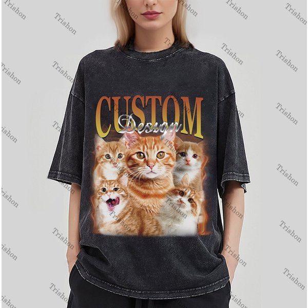 Custom Pet Vintage Washed T-Shirt, Cat Graphic Unisex T-Shirt, Pet Shirt-image
