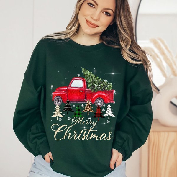 Merry Christmas Red Truck Sweater, Old Red Truck Sweatshirt-image