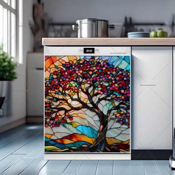 Kitchen Dishwasher Cover - Beautiful Stained Glass Spring Cherry Tree Dish Washer Covers-image