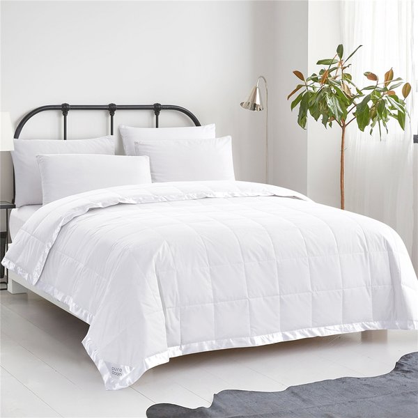 PUREDOWN Lightweight Down Blanket with Satin Trim, Oversized Down Blanket 100% Cotton Cover
