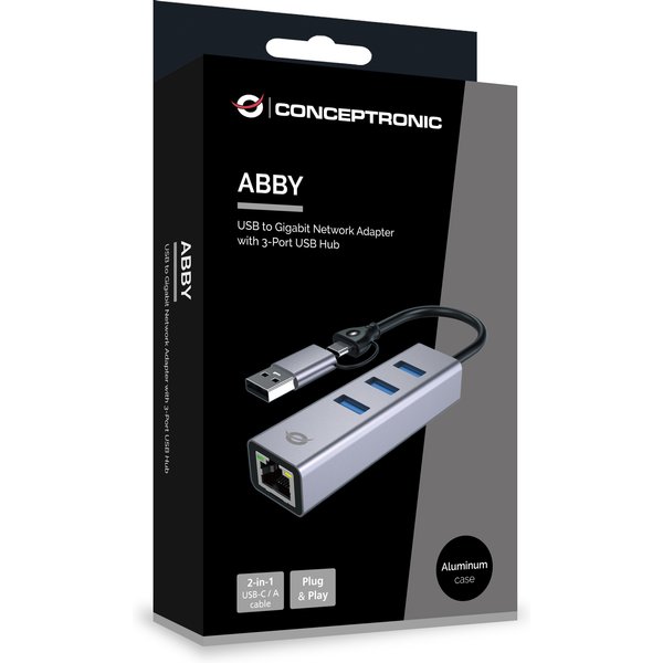 Conceptronic Adapter USB-C/-A3.0->GbE+3x-A3.0 5Gbs gr - Adapter - Digital/Daten