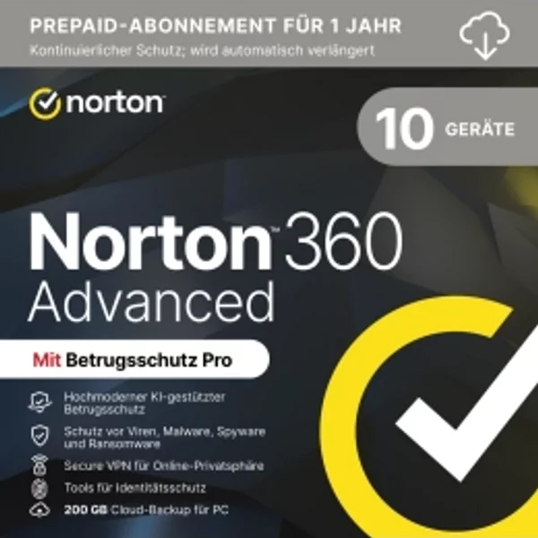 Norton 360 Advanced | 10 Geräte | 1 Jahr | Mit 200 GB Cloud-Backup