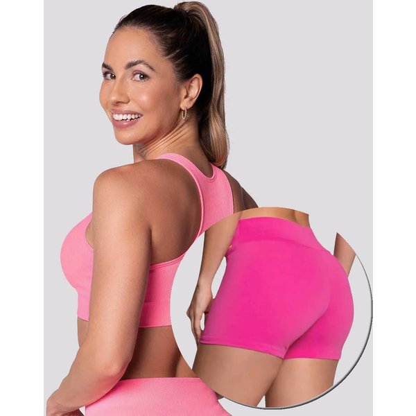 Conjunto Top Canelado e Shorts Selene Sem Costura Feminino Rosa