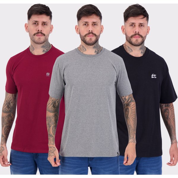 Kit 03 Camisetas Nicoboco Cinza Preta e Bordô