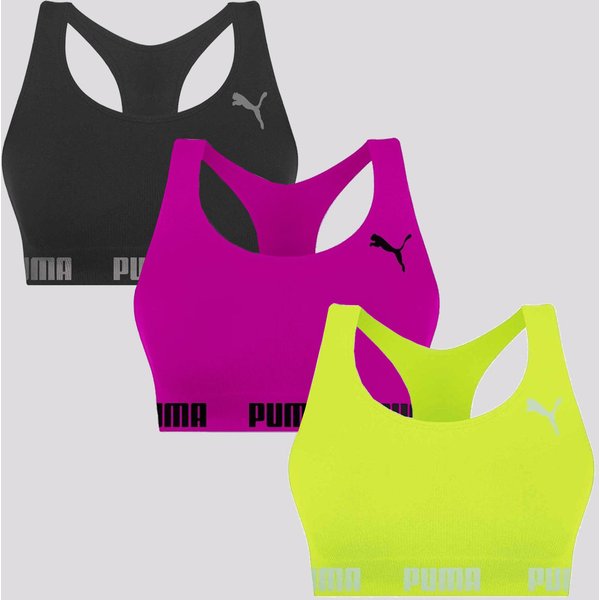 Kit 3 Tops Puma Sem Costura Preto Amarelo e Pink