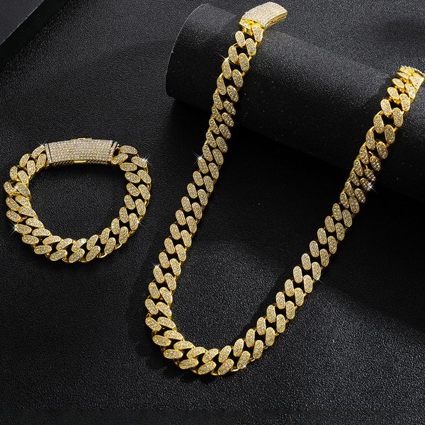 Heavy Industry Full Diamond Hip Hop Street Style Zinc Alloy Necklace Bracelet Foot Men's And Women's Cuban Chain Trendy-image