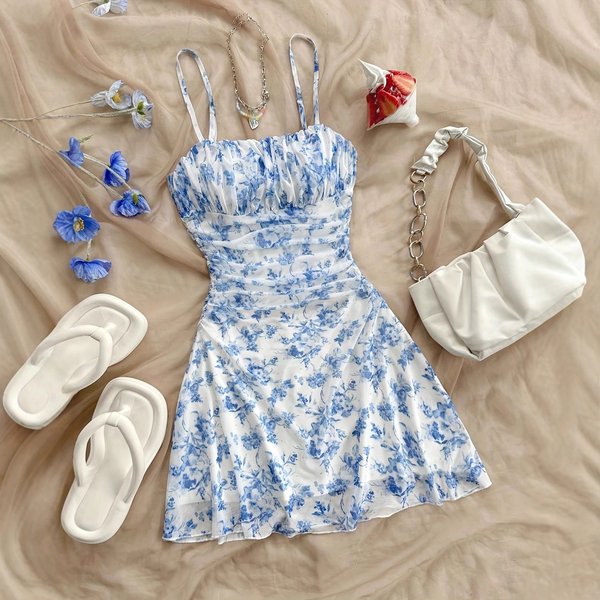 Women's Floral Print Summer Beach Dress With Adjustable Straps & Waist Tie - Light Blue, XS/S/M/L