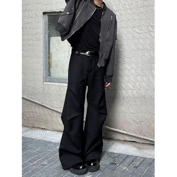 Men's Wide-Leg Pleated Trousers - Cleanfit Casual High Waist Flared Pants With Elastic Waistband For Everyday Wear (Black)-image