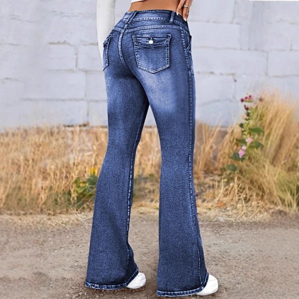 High-Waisted Flared Jeans For Women - Stretchy Bootcut Denim Pants With Button Details & Vintage Wash-image