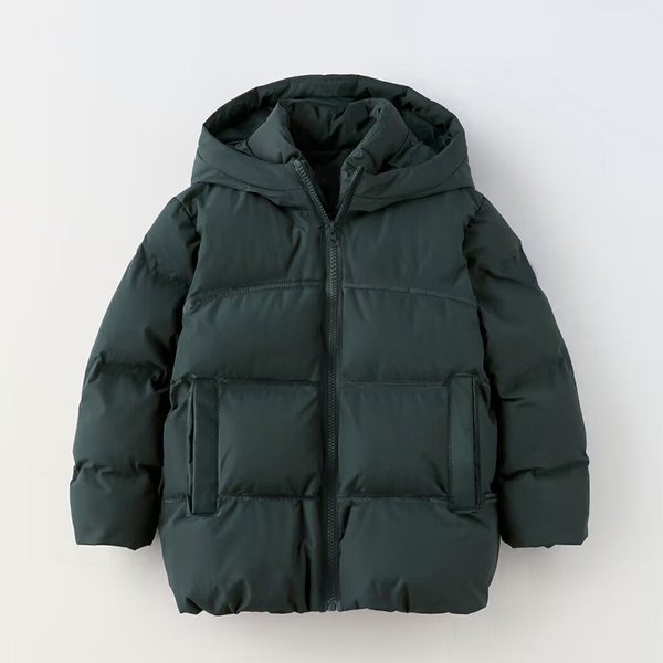 Kids Winter Puffer Jacket With Hood, Thickened Polyester Long Coat For Boys & Girls (Wine Red/Forest Green/Blue/Black), Warm Windproof Outerwear-image