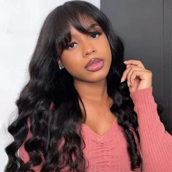 3X1 Lace Body Wave Human Hair Wigs With Bangs 180% Density Remy Brazilian Wig Fringe Natural-image