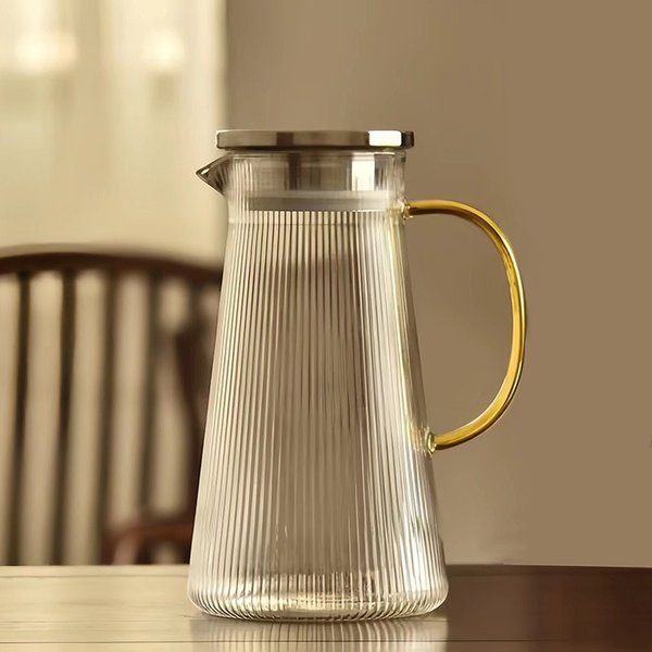 Striped Glass Pitcher With Bamboo/Stainless Steel Lid – 1.5L Hand-Blown Heat-Resistant Beverage Jug For Iced Tea, Infused Water & Cocktails-image