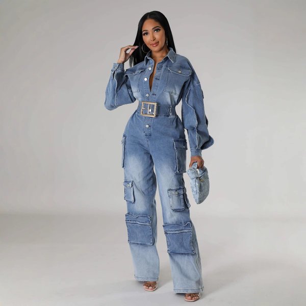 Women's Clothing Overalls Washed Old Denim Jumpsuit Jumpsuit Multi Pocket Wide Leg Pants-image