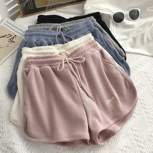 Waffle Sports Shorts Women's Summer 2023 New Korean Version Loose High Waisted Home Wide Leg Hot Pants For External Wear-image
