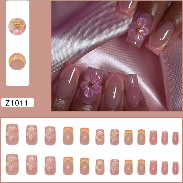 Beauty & Health Girl Blush Gradient French Three Dimensional Stripes Ice Flower Gold Beans Ins Style Detachable Nail Art Pieces 24 Pieces-image