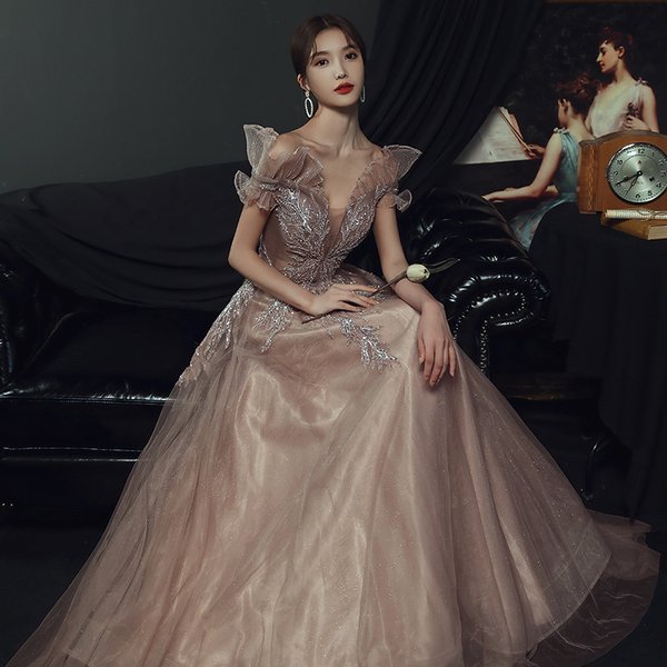 Elegant Evening Gown For Women – Slimming A-Line Dress With Princess Sleeves, Perfect For Banquets, Parties & Special Occasions (Khaki, Lavender)-image