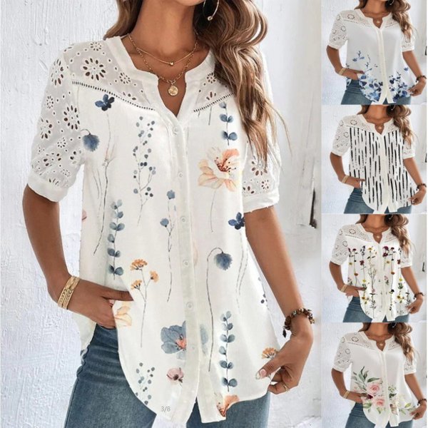 Women's new fashion button lapel short sleeve shirt blouse