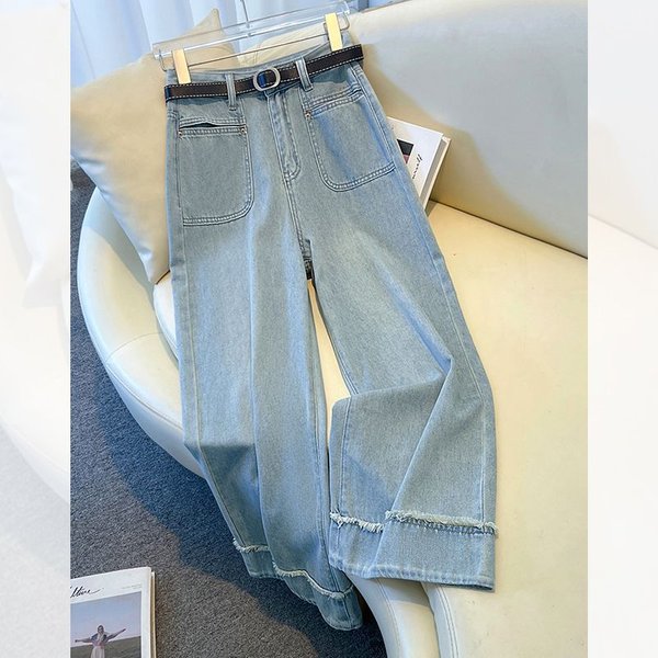 Women’S Clothing High Waist Wide Leg Jeans Women's Summer Thin New Drape Raw Edge Loose Retro Nine Point Pants Straight Pants-image