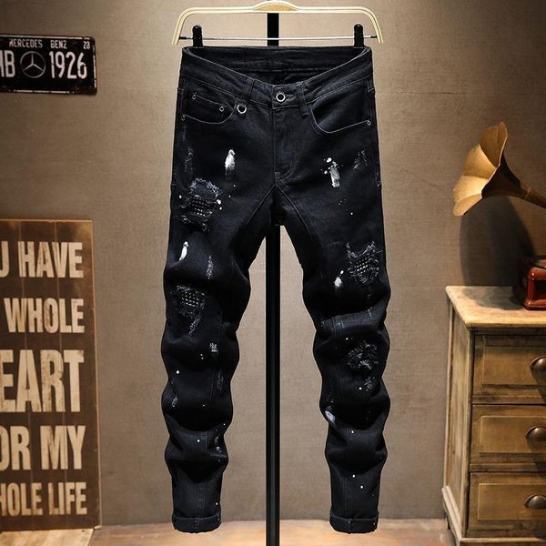 Men's Clothing Ripped Patch Jeans Spring And Autumn New Trendy Brand Black High Street Versatile Slim Fit Skinny Casual Trousers-image