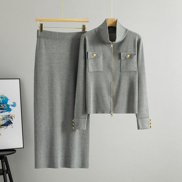 Women's Knit Cardigan & Midi Skirt Set – Chic Lapel Zip-Up Two-Piece Outfit For Work & Weekend (5 Colors, One Size)