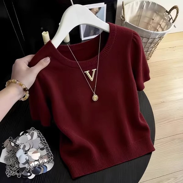 Women's Gray Knitted Short Sleeve T-Shirt Stylish Youthful Elegant Top For Summer New Style-image