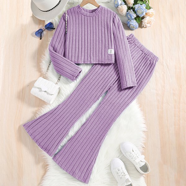 Girls' Casual Suit 2024 Autumn And Winter New Item, Pit Stripe Long Sleeved Top, Flared Pants, Children's Clothing-image