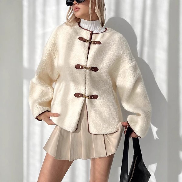 Women's Clothing Autumn And Winter Thick Plush Leather Button Round Neck Long Sleeve Short Style Fashionable Temperament Coat-image