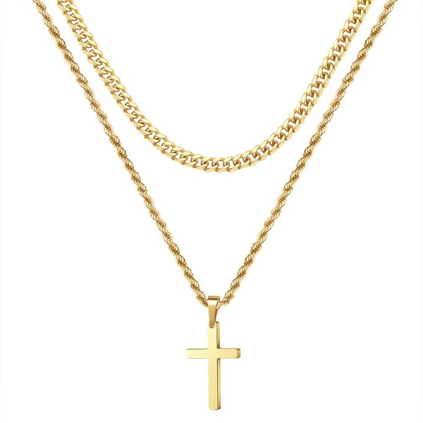 Men's Jewelry Double Layer Cross Necklace Titanium Steel Hip Hop Stacking Jewelry With Twisted Chain-image