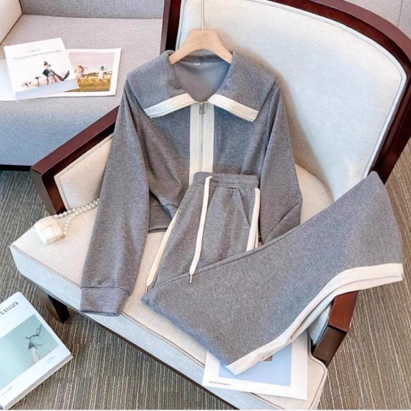 Women's Clothing Casual Suit For Women Women's Casual Lounge Set - Stylish Sweatshirt & Wide Leg Pants Two-Piece Outfit (Grey/Pink, S-2XL)