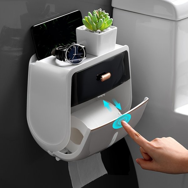 1Pc Toilet Roll Paper Holder, Double Layer Large Capacity Tissue Storage Box, Wall Mounted Bathroom Tissue Dispenser, Waterproof Tissue Box-image