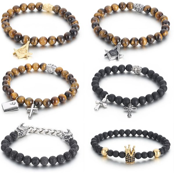 Men's Jewelry Black Agate Beads Micro Inlaid Zircon Crown Bracelet Masonic Cross Tiger Eye Stone Men's Beaded Bracelet
