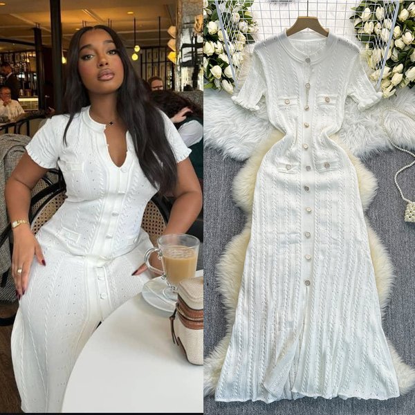 Women's Clothing Hollow Fungus Lace Sleeve Button Decoration Slim Fit Knitted Dress Fashion-image