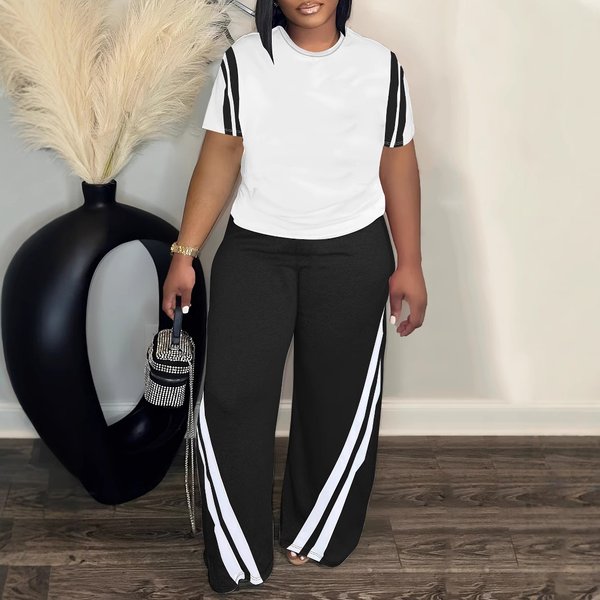 Women's Clothing Large Size Striped Printed Two Piece Round Neck Short Sleeved Top And Pants-image