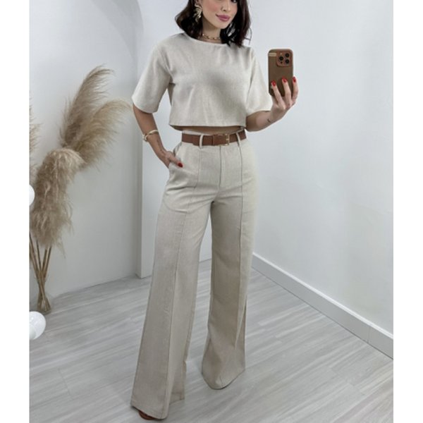Women's Clothing Cotton And Linen Short Tops High Waist Wide Leg Suit Pants Women's Suit-image