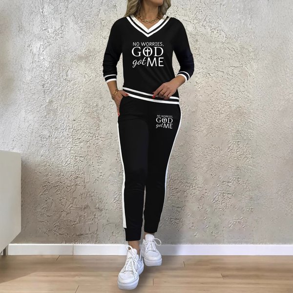 Women's Clothing Women's Suits, All Match Printed Patchwork V Neck Long Sleeved Top With Elastic Waist Pocket Trousers, Two Piece Suit-image