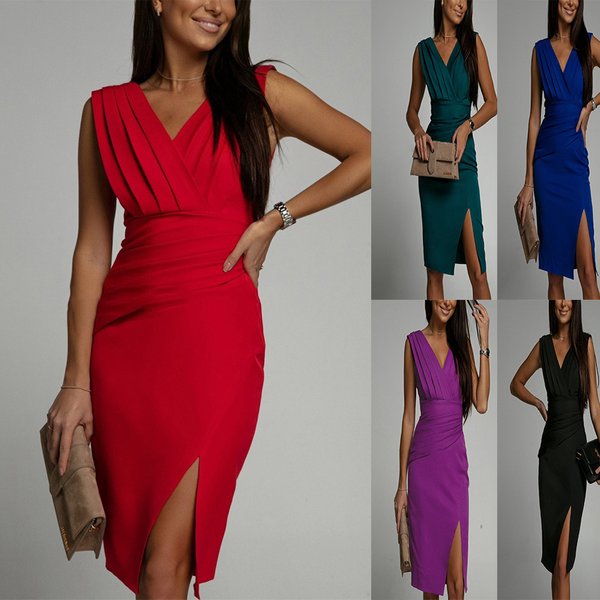 Elegant V-Neck High-Slit Evening Dress – Stretch Polyester Bodycon Midi Dress With Ruffled Hem & Adjustable Waist (S-3XL) – Formal Cocktail Party Gown-image