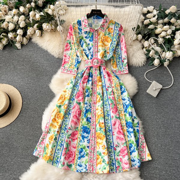 Blossom Series Design Color Block Print Slim Fit Mid-Length Shirt Collar Elegant Dress