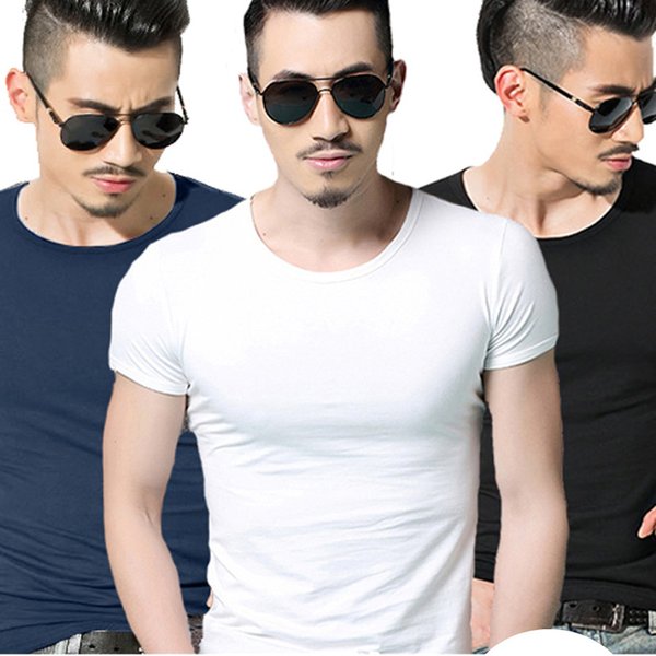 Men's Clothing Men's Short Sleeved T Shirt Solid Color Bottoming Shirt Large Size Slim White Tight Round Neck Advertising Shirt-image