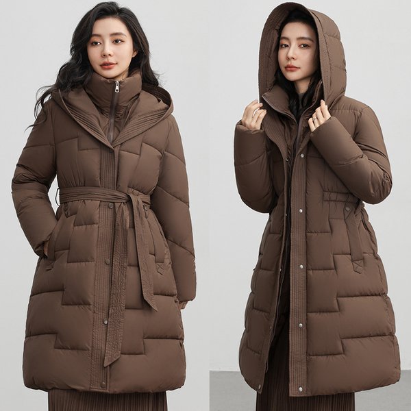 Women's Clothing Long Padded Coat With Waist Tie, Knee-Length Thickened Hooded Winter Jacket, Windproof Polyester Outerwear (Black/Beige/Khaki/Brown)